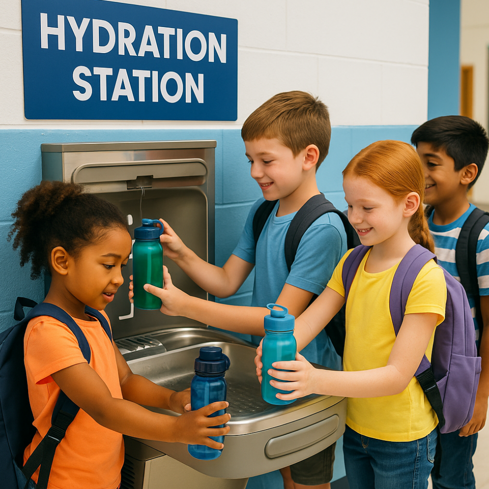 Children near a hydration station